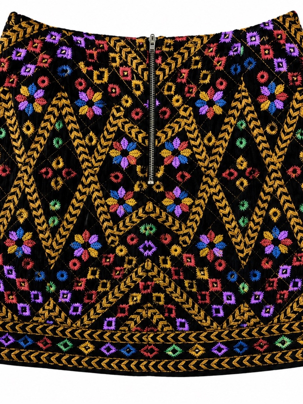 Embroidered Black Mini Skirt with Multicolor Stitching - Picture 2 of 4